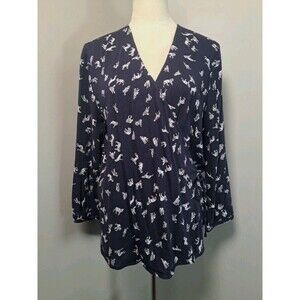 Hinge True Wrap Blouse Top Blue Wolf Dog Women's Sz 1 Soft Comfort Office Casual